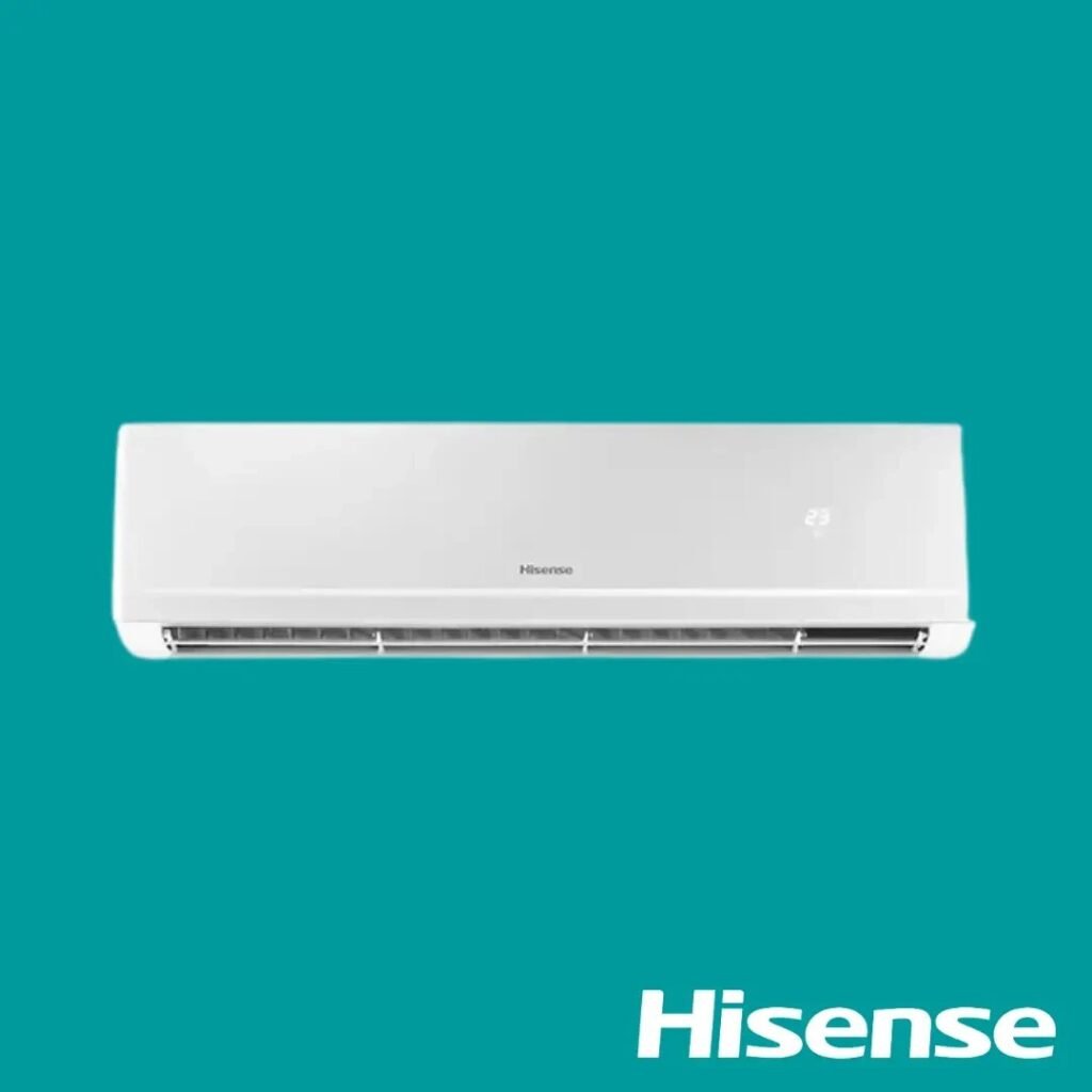 White Hisense wall mounted air conditioner against teal background brand logo visible at lower right