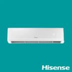 White Hisense wall mounted air conditioner against teal background brand logo visible at lower right