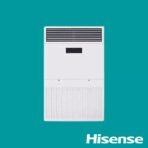 White Hisense air conditioning unit vertical with top vent and lower intake grills set against a teal background Hisense logo in the bottom right corner