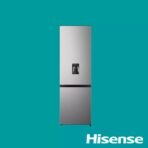 Stainless steel Hisense refrigerator with a bottom freezer shown on a teal backdrop Hisense logo in the corner