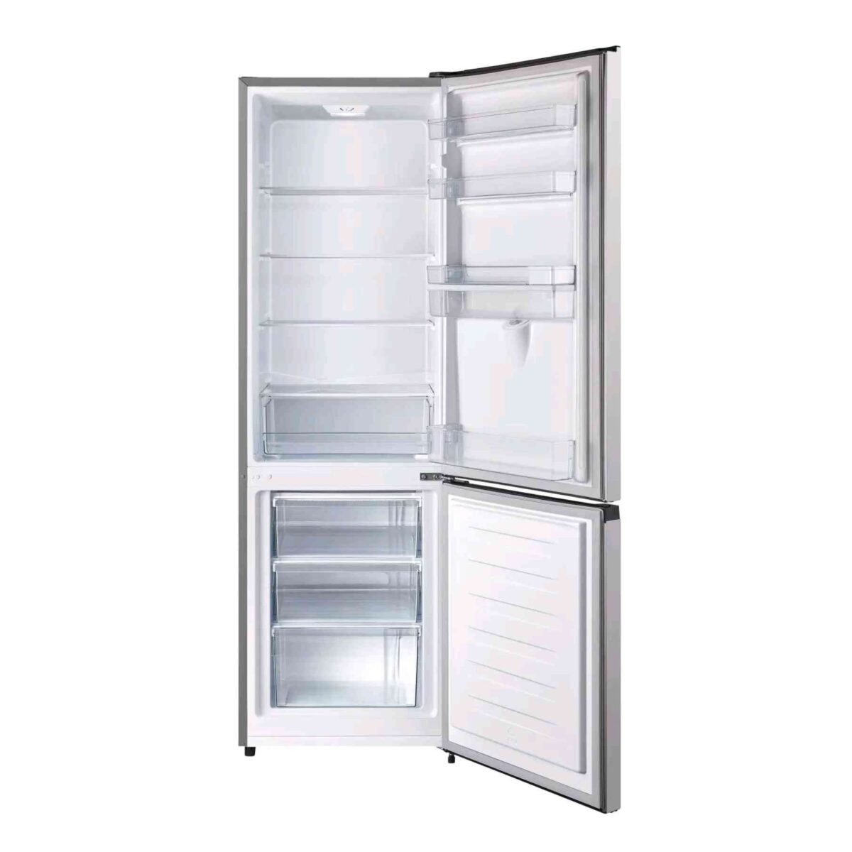 Open refrigerator with multiple shelves and door storage showing an empty interior and clear bins on the door