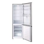 Open refrigerator with multiple shelves and door storage showing an empty interior and clear bins on the door
