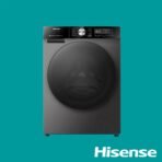 Front loading Hisense washing machine with a large circular door and control panel on a teal background