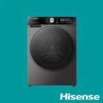 Front loading Hisense washing machine with a large circular door and control panel on a teal background