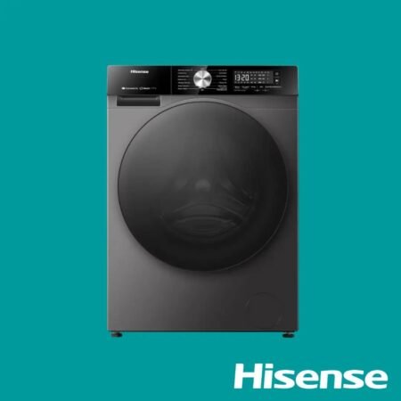 Front-loading Hisense washing machine with a large circular door and control panel on a teal background.