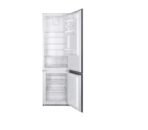 White two door refrigerator with top fridge and bottom freezer doors open showing empty shelves and compartments