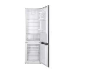 White two door refrigerator with top fridge and bottom freezer doors open showing empty shelves and compartments