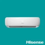 White wall mounted Hisense air conditioner unit on a teal background with the Hisense logo visible in the bottom right corner