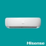 White wall mounted Hisense air conditioner unit on a teal background with the Hisense logo visible in the bottom right corner