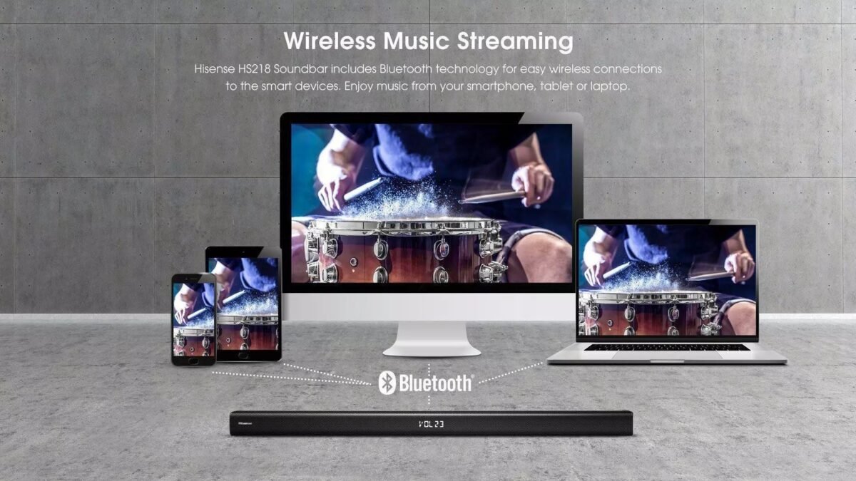 Multiple devicesphone tablet desktop monitor and laptopplaying the same drum image via Bluetooth wireless music streaming