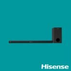 Black Hisense soundbar with a tall wireless subwoofer on the right against a teal background Hisense logo visible in the bottom right corner