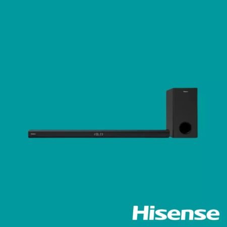 Black Hisense soundbar with a tall wireless subwoofer on the right against a teal background; Hisense logo visible in the bottom-right corner.
