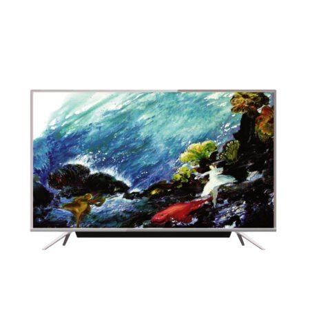 Scanfrost LED T2S2 Satellite TV Smart TV with Silver Aluminum Frame Silver Metal Base Sound Bar   SFLED 43AS