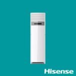 Tall white floor standing air conditioner unit against a teal background with the Hisense logo in the corner