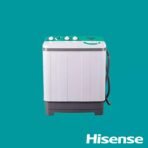 White top loading washing machine with a teal control panel on a teal background Hisense logo in the bottom right