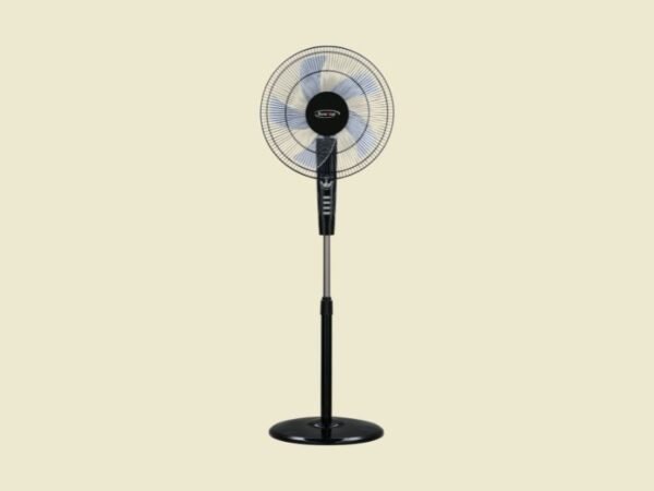 Black pedestal standing fan with a circular grille and translucent blades, placed on a beige background.
