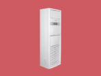 Tall white floor standing air conditioner unit against a red background showing vents at the bottom and a control panel mid height