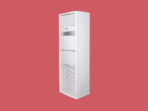 White floor standing air conditioner unit with front vents and control panel set against a red background