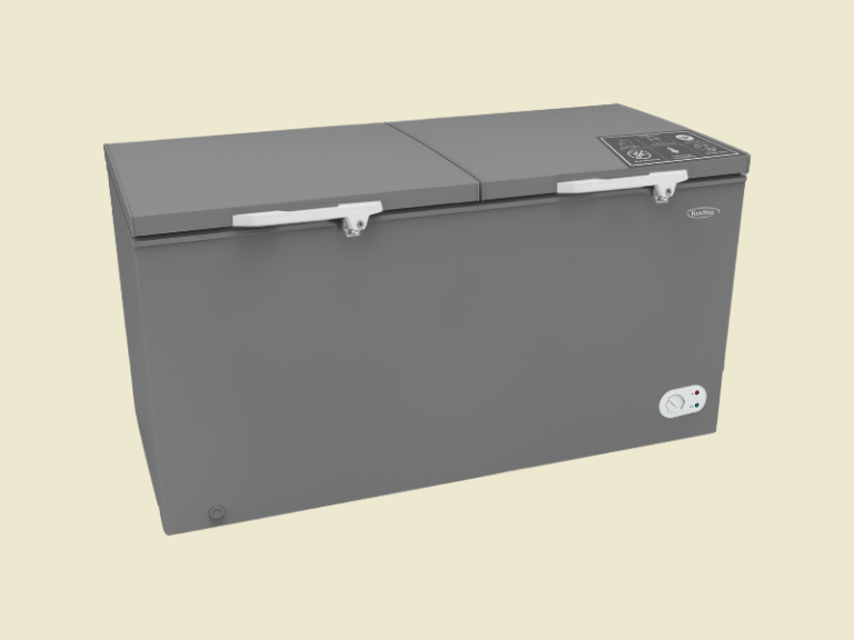 Gray dual lid chest freezer with white handles and a front control dial for freezing items
