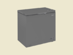Grey compact chest freezer with a top opening lid and a thermostat dial on the lower right set against a pale beige backdrop