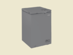 Gray compact chest freezer with a top opening lid and a control dial at the lower front right