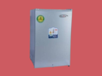 Silver KenStar compact refrigerator with door stickers placed on a red backdrop