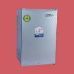 Silver KenStar compact refrigerator with door stickers placed on a red backdrop