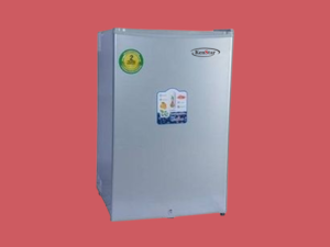 Silver KenStar compact refrigerator with door stickers placed on a red backdrop