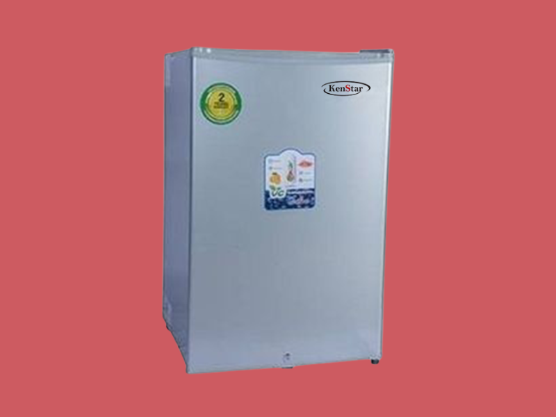2021091011062493png | Mitos Shoppers Silver KenStar compact refrigerator with door stickers placed on a red backdrop
