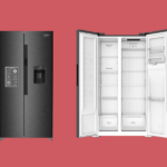 Two refrigerators shown side by side a dark stainless steel water dispenser model closed on the left and an open white interior model on the right displaying shelves and door bins