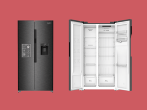 Two refrigerators shown side by side a dark stainless steel water dispenser model closed on the left and an open white interior model on the right displaying shelves and door bins