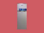 Two door KenStar refrigerator with top freezer and promotional blue label standing against a pink background