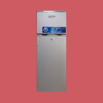 Two door KenStar refrigerator with top freezer and promotional blue label standing against a pink background