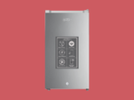 Tall stainless steel appliance KenStar with a feature panel displaying Whisper Quiet Power Chill Energy Efficient Deodorizing Anti Bacterial and Ultra Fresh Storage against a red background