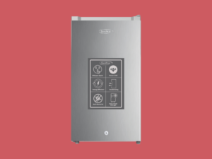 Tall stainless steel appliance KenStar with a feature panel displaying Whisper Quiet Power Chill Energy Efficient Deodorizing Anti Bacterial and Ultra Fresh Storage against a red background