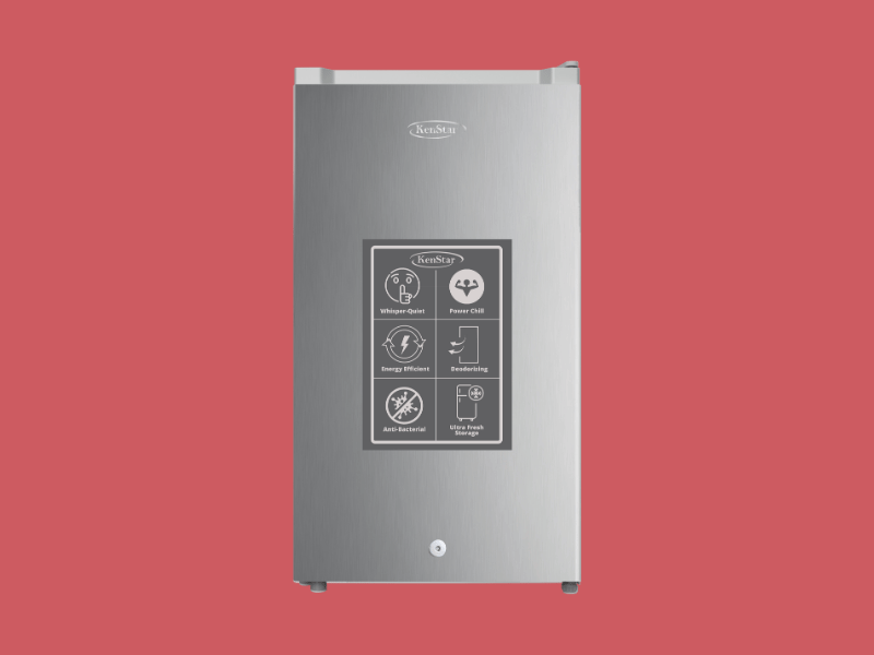 Tall stainless steel appliance KenStar with a feature panel displaying Whisper Quiet Power Chill Energy Efficient Deodorizing Anti Bacterial and Ultra Fresh Storage against a red background