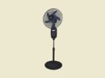 Black pedestal standing fan with a round grille blue control panel and adjustable height against a light beige background