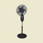Black pedestal standing fan with a round grille blue control panel and adjustable height against a light beige background