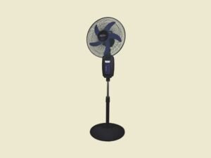 Kenstar Rechargeable Standing Fan | Mitos Shoppers Black pedestal standing fan with a round grille blue control panel and adjustable height against a light beige background