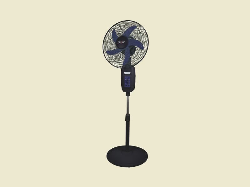 Kenstar Rechargeable Standing Fan | Mitos Shoppers Black pedestal standing fan with a round grille blue control panel and adjustable height against a light beige background