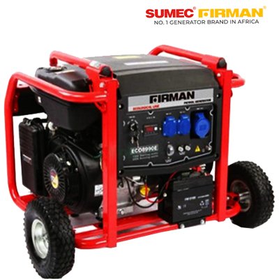 sumec firman, 100% copper coil, electric/recoil starting system, battery, handle to aid easy movements, black fuel tank, red iron frame.