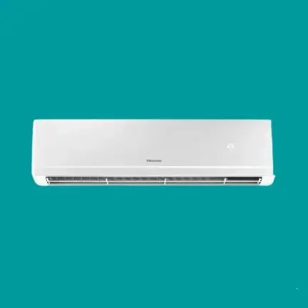 White wall mounted mini split air conditioner indoor unit with front grille against a teal background