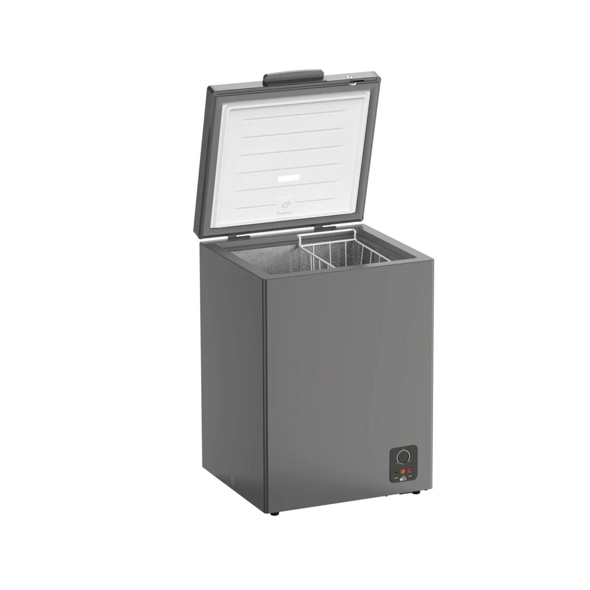 Upright freezer with the lid open showing a white interior and an control panel on the lower front edge along the right side