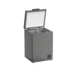 Upright freezer with the lid open showing a white interior and an control panel on the lower front edge along the right side