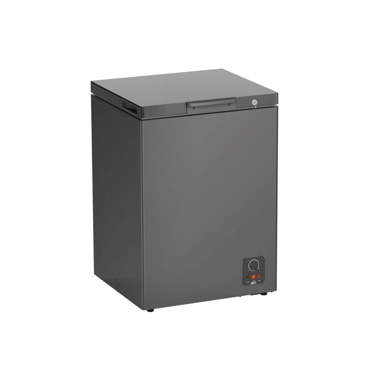 Tall dark gray floor standing boiler or furnace with a top access lid and a control panel on the lower front panel standing on small feet