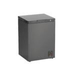 Tall dark gray floor standing boiler or furnace with a top access lid and a control panel on the lower front panel standing on small feet