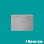 Grey chest freezer on teal background with a top lid and small control panel bottom right branded Hisense
