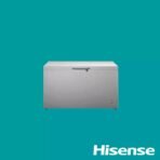 Silver chest freezer with a top lid and handle on a teal background Hisense logo bottom right