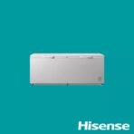 Chest freezer on a teal background with two hinged lids and caster wheels Hisense logo in the bottom right