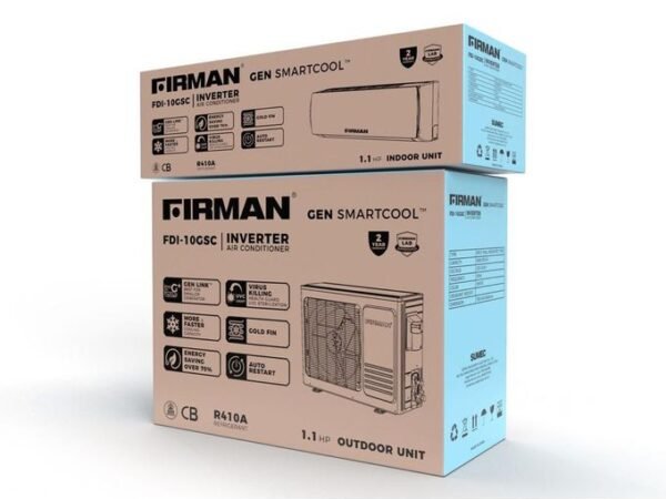 Your trusted Firman Inverter Air conditioner with model number FDI-10GSC is a 1.1HP low voltage inverter AC that comes with an installation kit. See technical specifications below- Power: Single-Phase A.C Rated Voltage: 220-240V Rated Frequency: 50Hz Energy Saving: Over 70% Cooling Capacity: BTU/h 9380(2250-1000)
